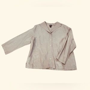 Eileen Fisher Large Linen & Silk Button-Up Long Sleeve Blouse Khaki Tan Preppy